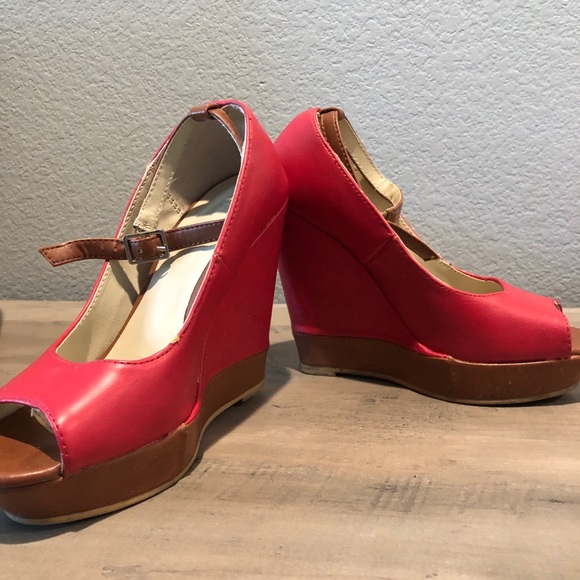 SOLD! Forever 21 Red Strap Wedges - Picture 1 of 4